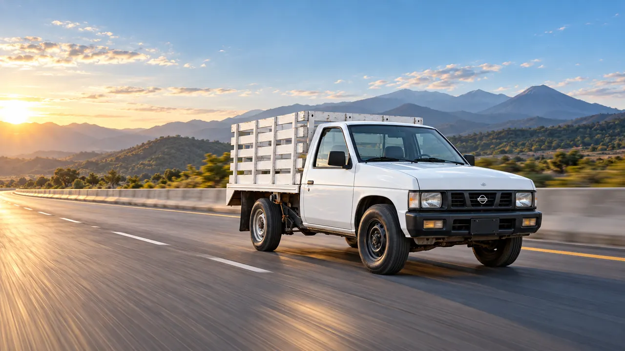 La unidad Nissan de redilas avanza por carretera con luz de día y montañas al fondo.